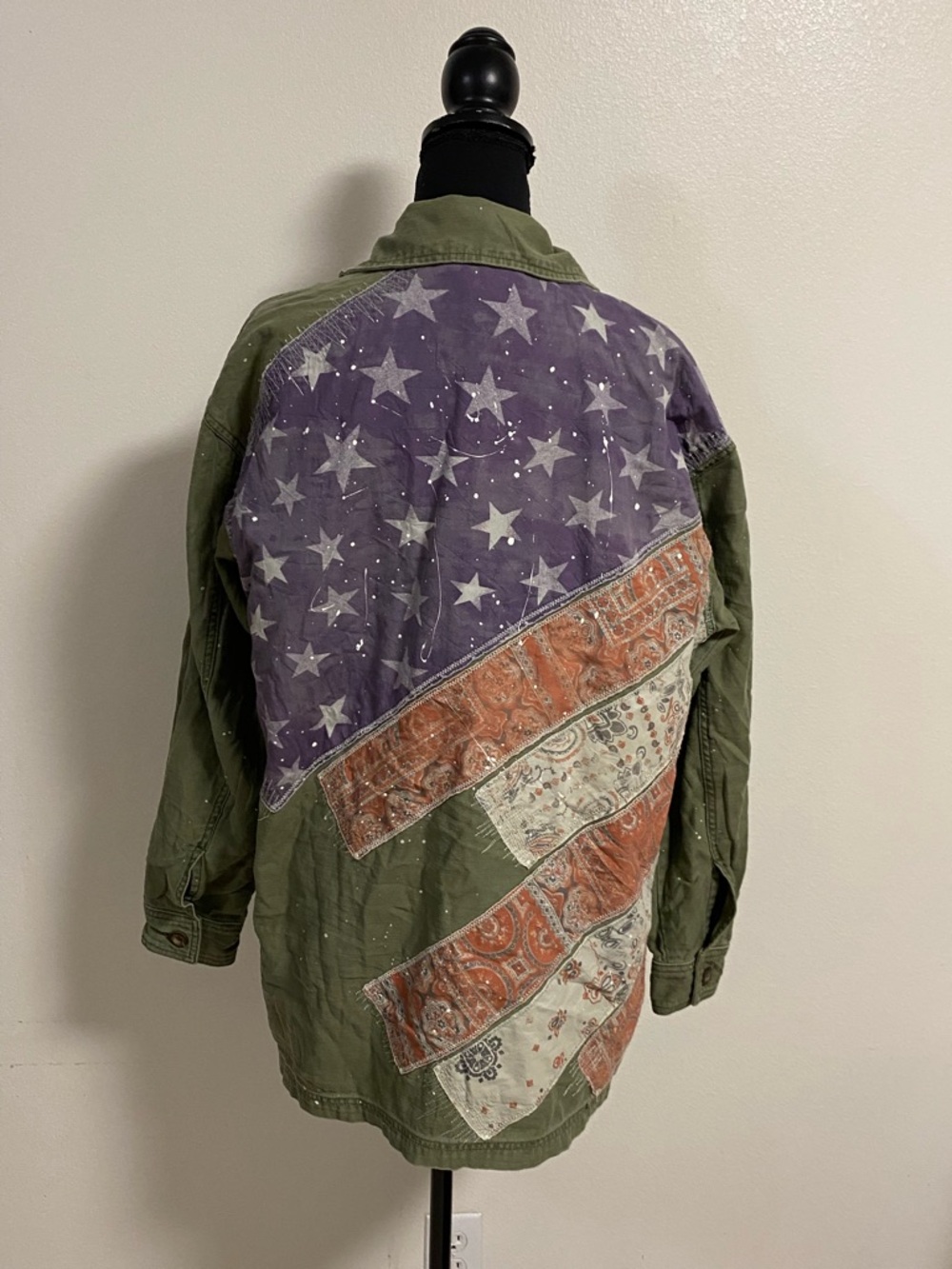 Free People Olive Green Utility Jacket with Purple Stars and Rust Bandana Panels